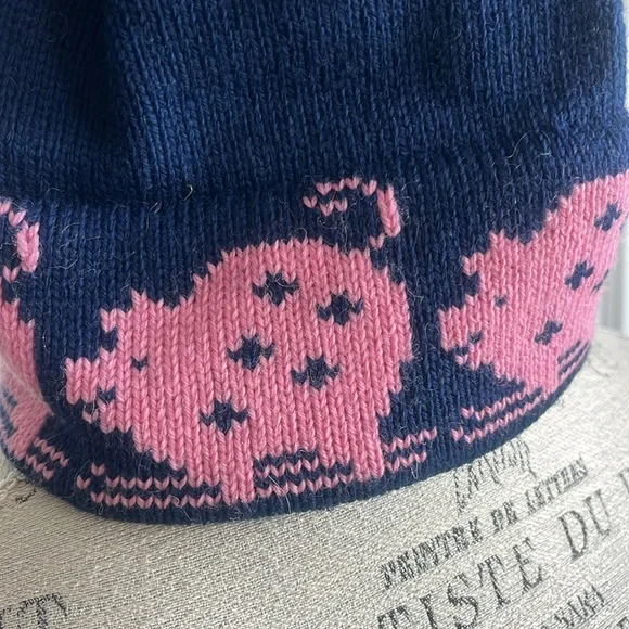NWOT Stowe Woolens Ltd navy blue beanie hat with pink pigs, blue & pink pom-pom - Picture 3 of 12